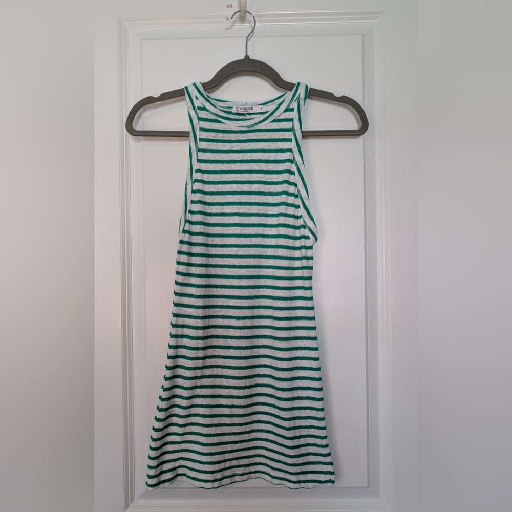 Stateside Women’s Sleeveless Linen Cotton Striped Top Green White Size Small
